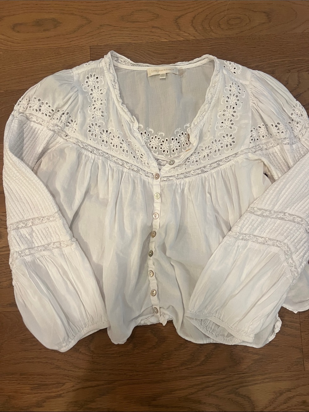 LoveShackFancy White Eyelet Lace Button-Front Blouse